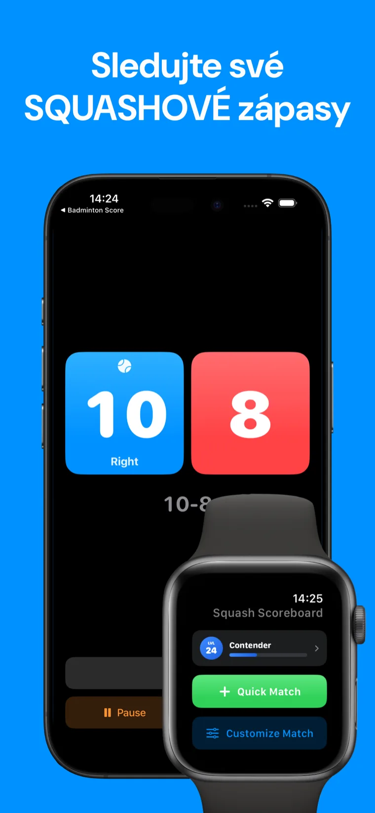 Sledujte své SQUASHOVÉ zápasy — Squash Skóre na iPhonu zobrazující aktuální skóre a historii minulých zápasů