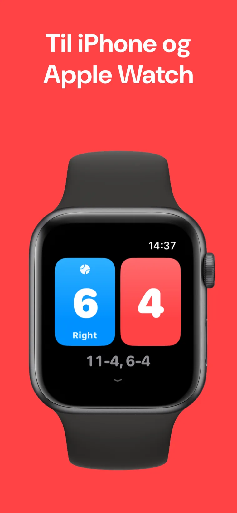 Til iPhone og Apple Watch — Squash Scoreboard på iPhone og Apple Watch der holder stillingen side om side