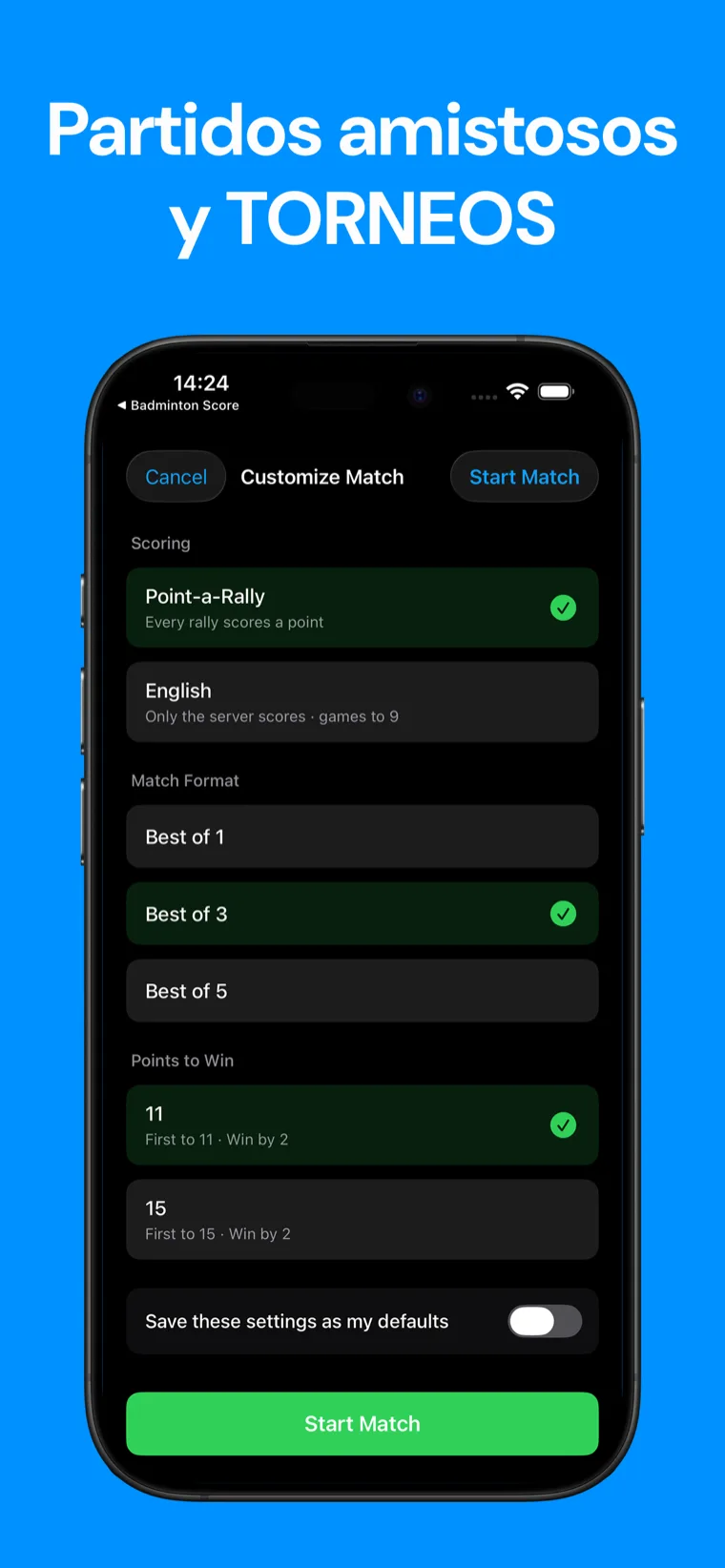 Partidos amistosos y TORNEOS — Squash Marcador mostrando la configuración de partido con opciones Al mejor de 1, 3 o 5 juegos y puntos para ganar de 9, 11 o 15