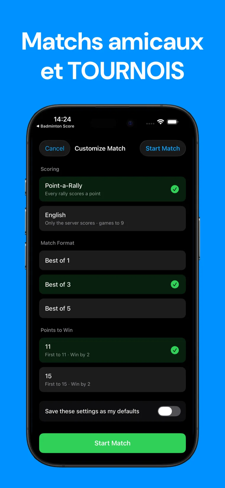 Matchs amicaux et TOURNOIS — Configuration du match Squash Scoreboard montrant Au meilleur de 1, 3 ou 5 et le nombre de points à gagner : 9, 11 ou 15