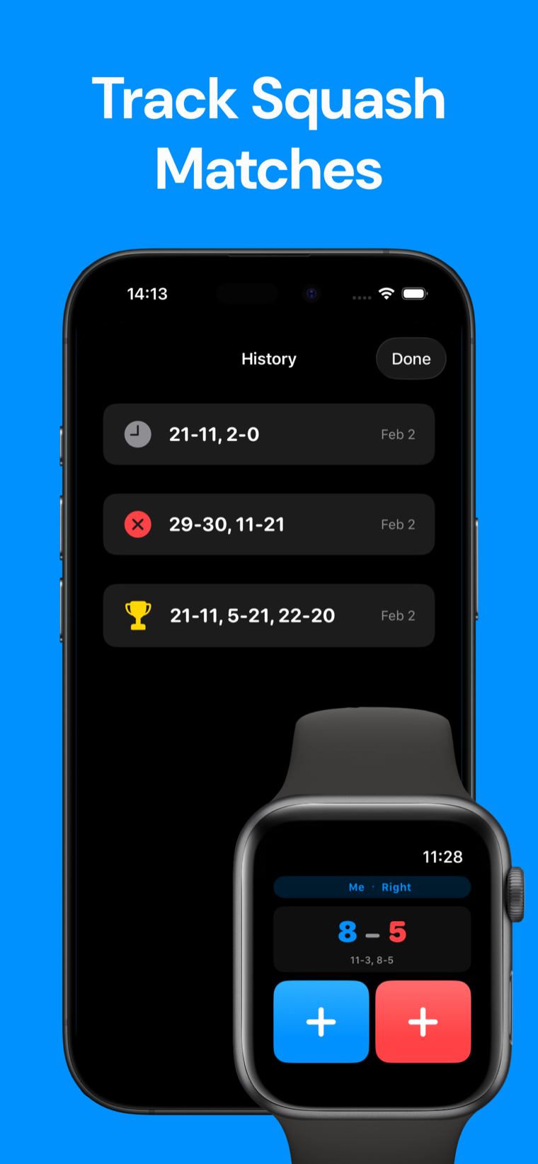 Track your squash matches — Squash Scoreboard on iPhone showing the live score and past match history