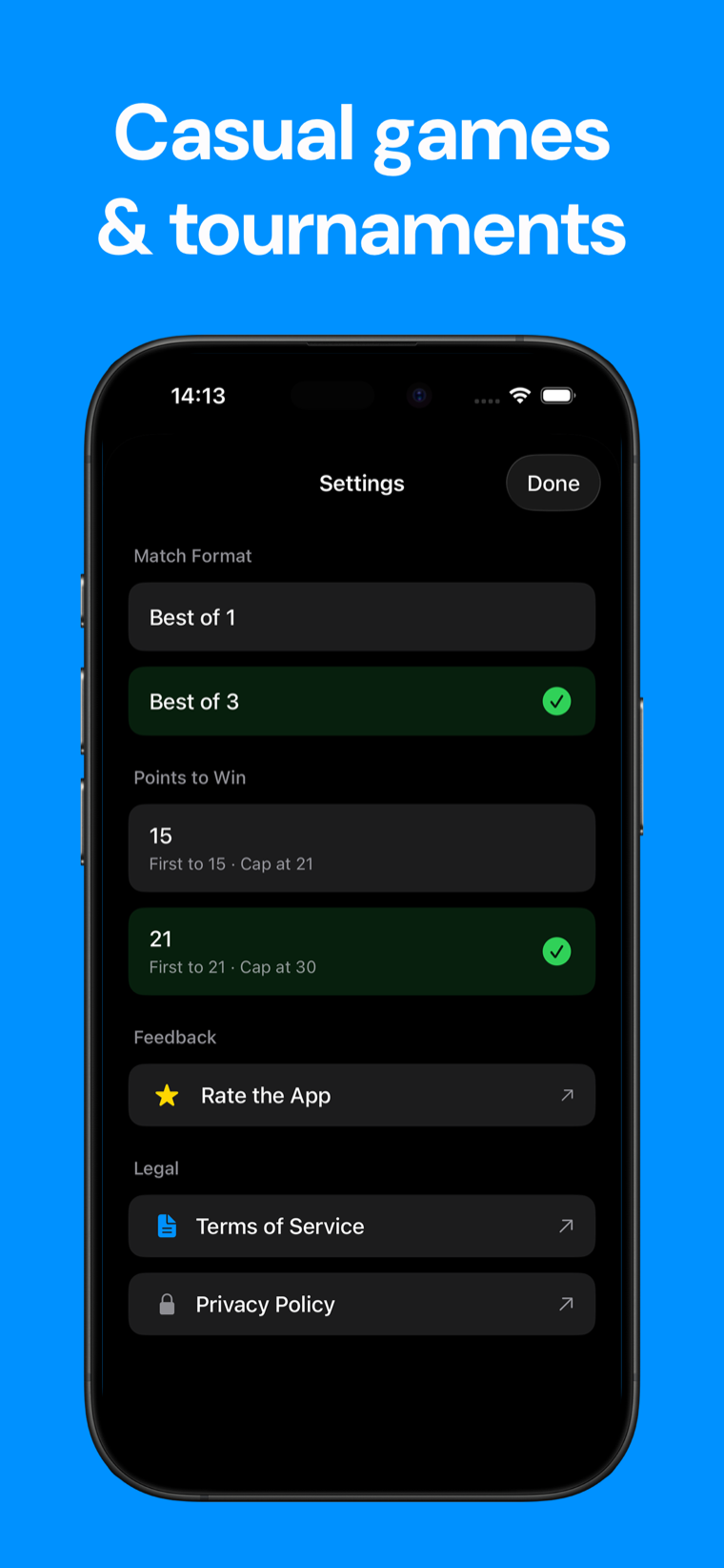 Casual games & tournaments — Squash Scoreboard match setup showing Best of 1, 3 or 5 games and points to win of 9, 11 or 15