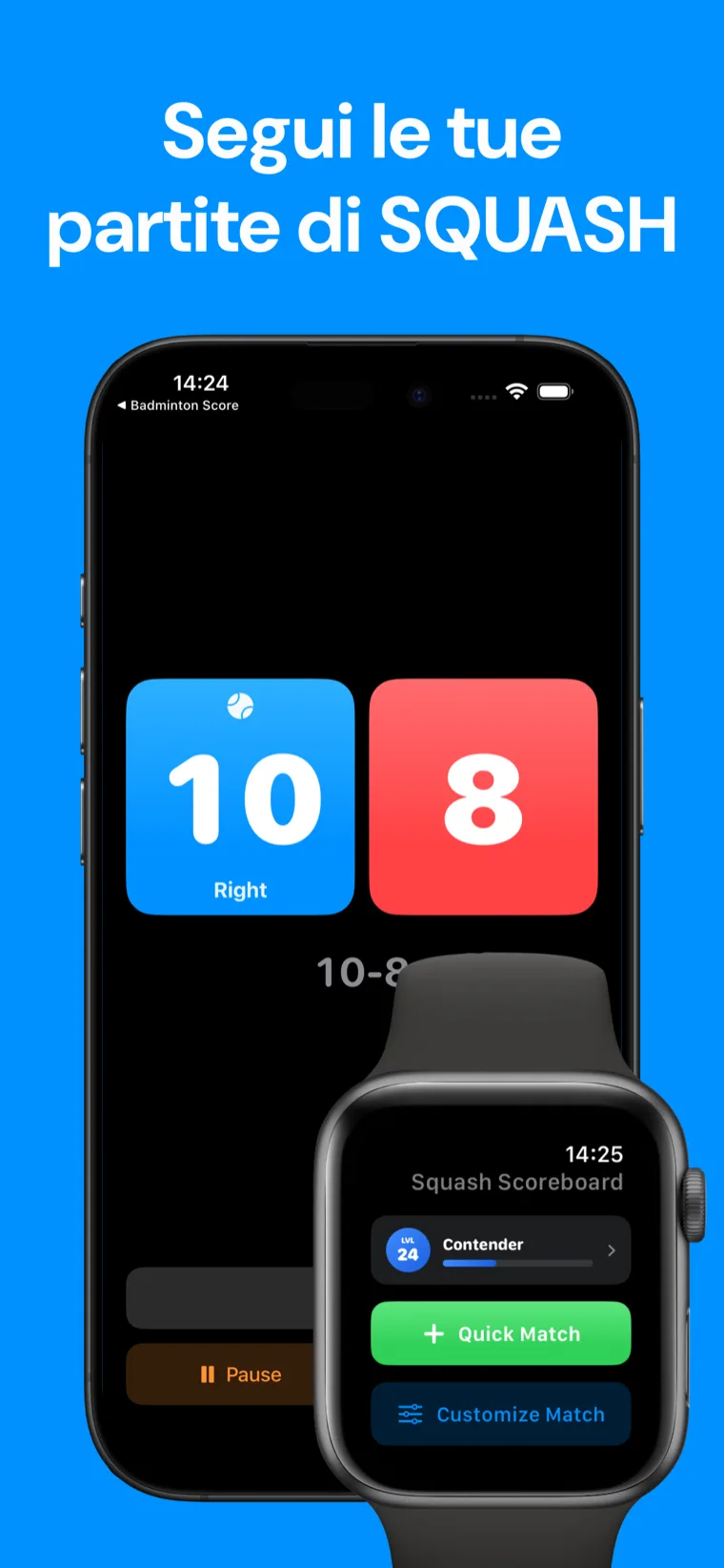 Segui le tue partite di SQUASH — Squash Punteggio su iPhone che mostra il punteggio in diretta e la cronologia delle partite passate