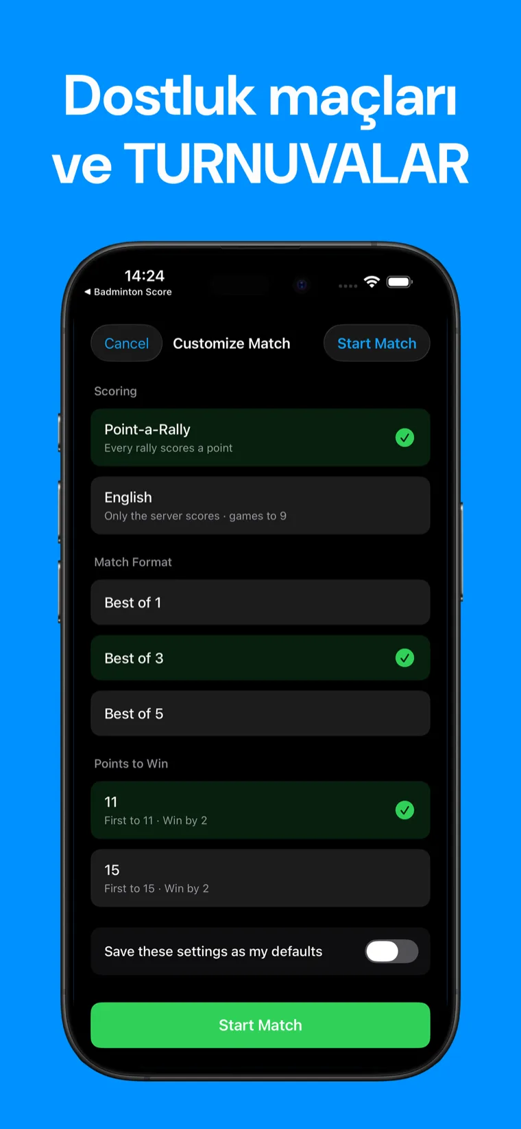 Dostluk maçları ve TURNUVALAR — 1, 3 veya 5 üzerinden maç ve 9, 11 veya 15 sayıya kadar oyun formatı seçenekleriyle Squash Skor maç kurulumu